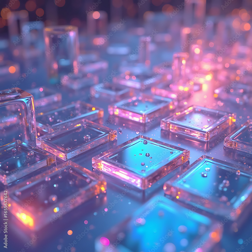Obraz premium Abstract 3d background wallpaper with glass squares with colorful light emitter iridescent neon holographic gradient. Design visual element for banner header poster or cover.