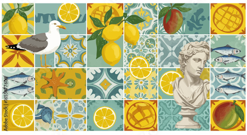 Decorative Mediterranean Tiles: A Colorful Collage of Coastal Motifs and Artistic Flair