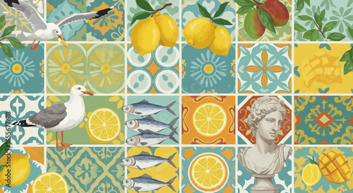 Vibrant Mediterranean mosaic pattern featuring various natural elements like lemons and birds