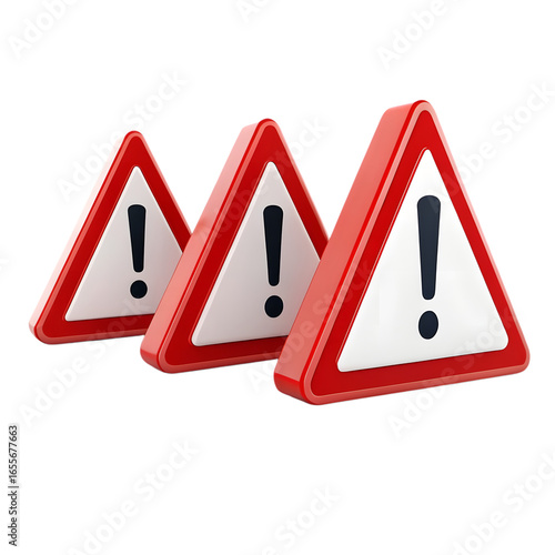 Three red triangle warning signs with exclamation mark isolated on transparent background