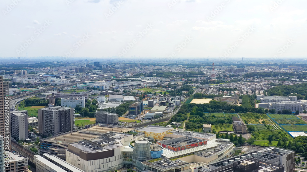Obraz premium city, aerial view, drone, urban, residential area, townscape, society, blue sky, redevelopment, building, condominium, real estate, group of buildings, construction, landscape, development, japan, hig
