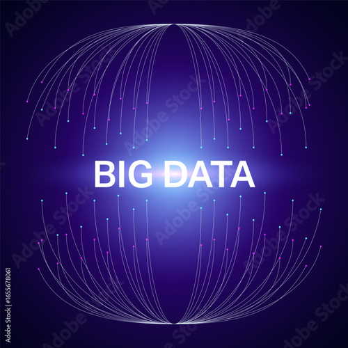 Abstract line futuristic science for big data, AI innovation technology. Circle cyberspace connected data node. Neon round, fiber optic network internet tech glow gradient blue purple backgrounds.