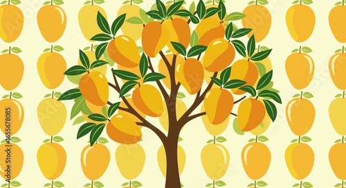 Cartoon mango tree illustration with mango fruit on branches and repetitive fruit background