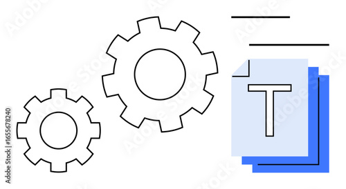Two gears interconnected beside stacked documents, highlighting teamwork, efficiency, and automation. Ideal for concepts of workflow, process management, productivity, organization, efficiency