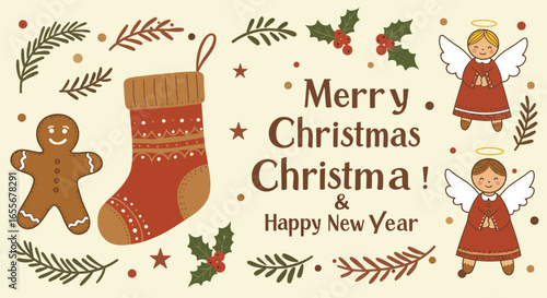 Festive Christmas Illustration with Angels, Stocking, and Holiday Greetings Design