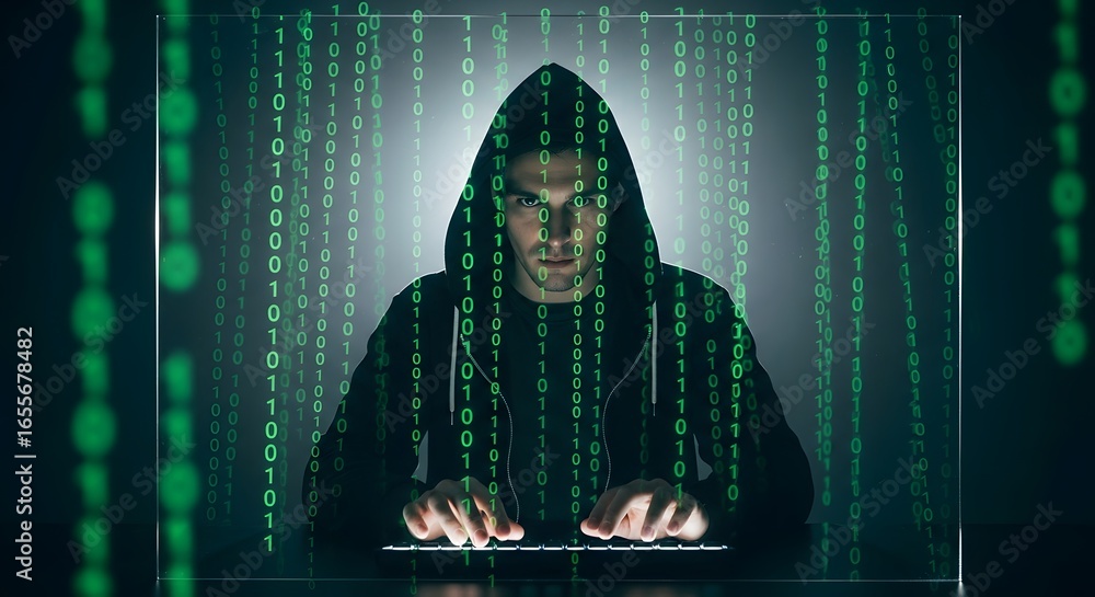 Obraz premium Hooded cyber attacker typing on a keyboard with a green binary code overlay, a concept of digital espionage