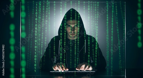 Hooded cyber attacker typing on a keyboard with a green binary code overlay, a concept of digital espionage