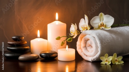 Tranquil spa scene with glowing candles, smooth stones, and delicate orchids.