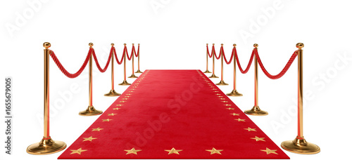 Red carpet with golden stanchions and ropes on a white background. Isolated red velvet path for a movie premiere or award ceremony,