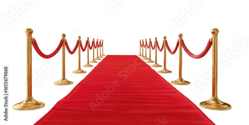 Red carpet with golden stanchions and ropes on a white background. Isolated red velvet path for a movie premiere or award ceremony,