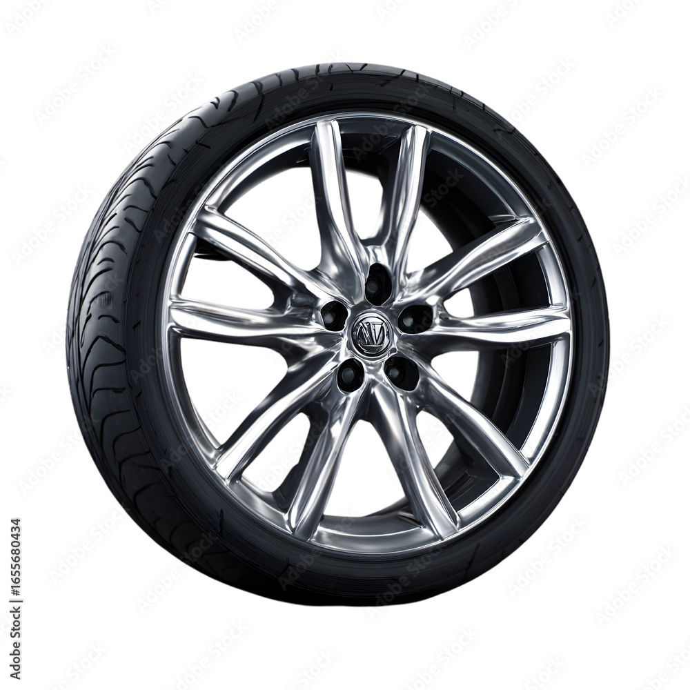 A car tire with a shiny silver rim is displayed against a plain black studio backdrop in a product shot on transparent background A car tire with a shiny silver rim is displayed against a plain black studio backdrop in a product shot on transparent background