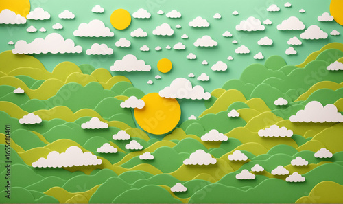 a green landscape with pape...