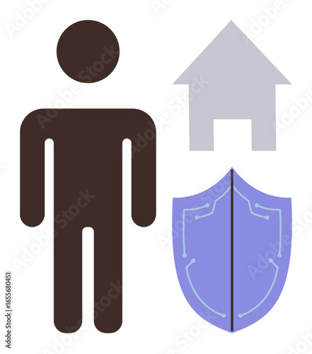 Human figure near a house and shield with digital patterns symbolizing safety, privacy, and household protection. Ideal for security, technology, home safety, privacy, insurance, defense
