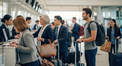People at airport check-in counter with luggage.