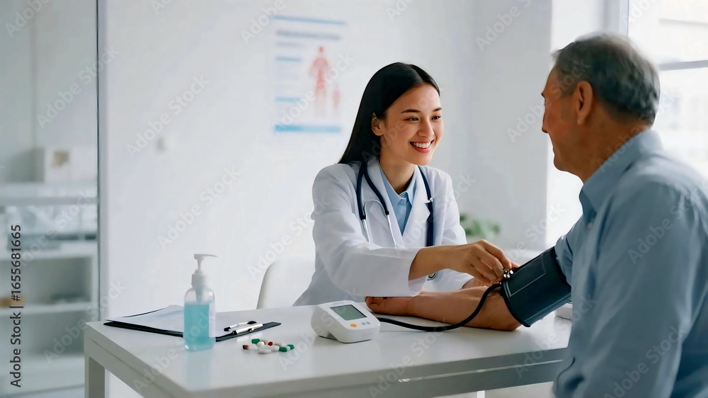 Obraz premium Doctor measuring blood pressure of senior man during medical checkup in modern clinic