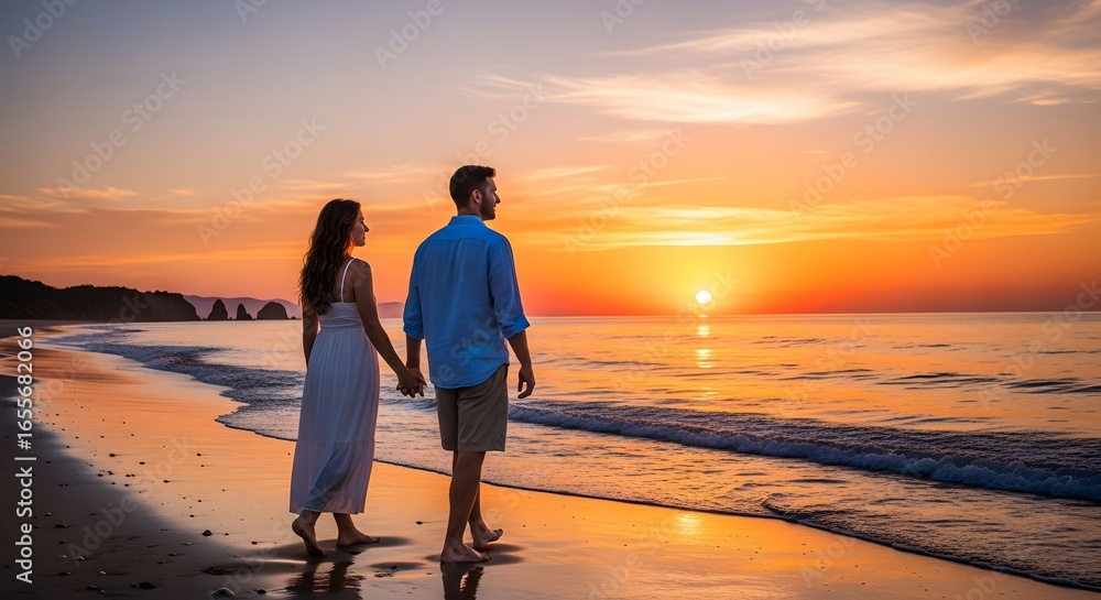 Fototapeta premium Romantic Couple Walking Beach Sunset.