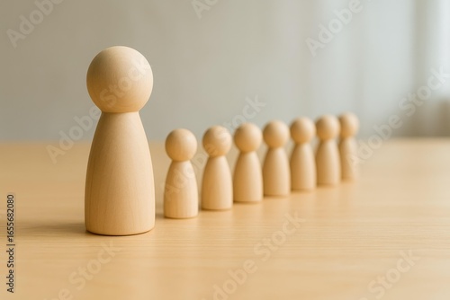Leadership and teamwork are essential elements in any organization, as evidenced by the arrangement of wooden figures representing a leader guiding a group, emphasizing collaboration and direction.