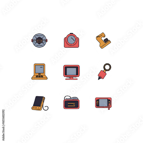 Set of 10 Retro 1980s Tech Gadget Icons – Flat Vector, Editable Colors