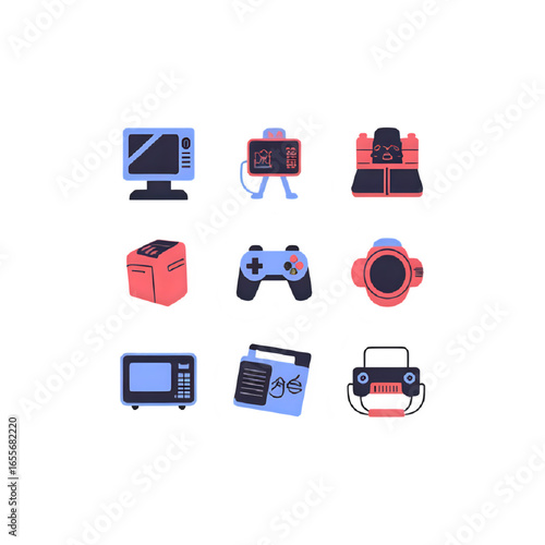 Set of 10 Retro 1980s Tech Gadget Icons – Flat Vector, Editable Colors