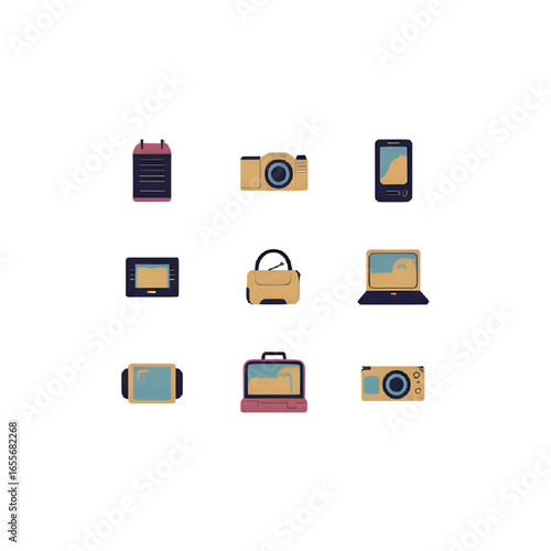 Set of 10 Retro 1980s Tech Gadget Icons – Flat Vector, Editable Colors