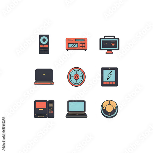 Set of 10 Retro 1980s Tech Gadget Icons – Flat Vector, Editable Colors