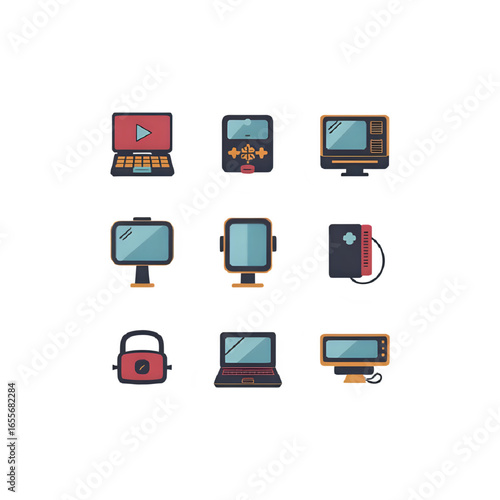 Set of 10 Retro 1980s Tech Gadget Icons – Flat Vector, Editable Colors