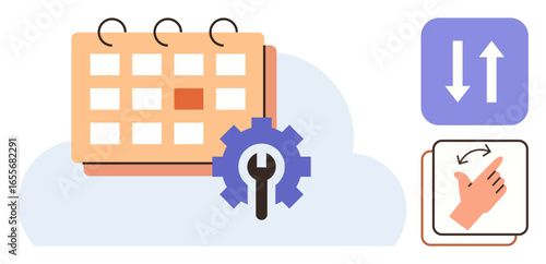 Calendar with settings gear, sync arrows, gesture icon over cloud. Ideal for planning, organization, workflow, productivity, scheduling customization time management. Simple flat metaphor