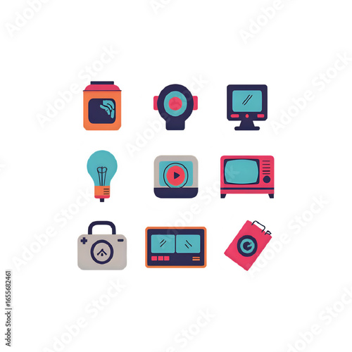 Set of 10 Retro 1980s Tech Gadget Icons – Flat Vector, Editable Colors