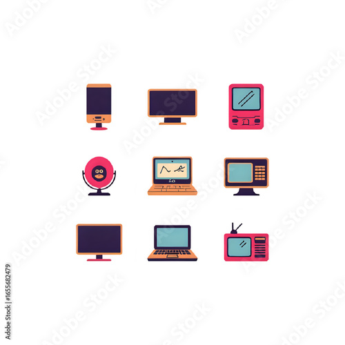 Set of 10 Retro 1980s Tech Gadget Icons – Flat Vector, Editable Colors
