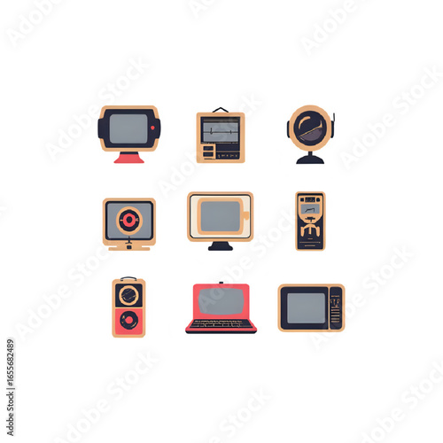 Set of 10 Retro 1980s Tech Gadget Icons – Flat Vector, Editable Colors