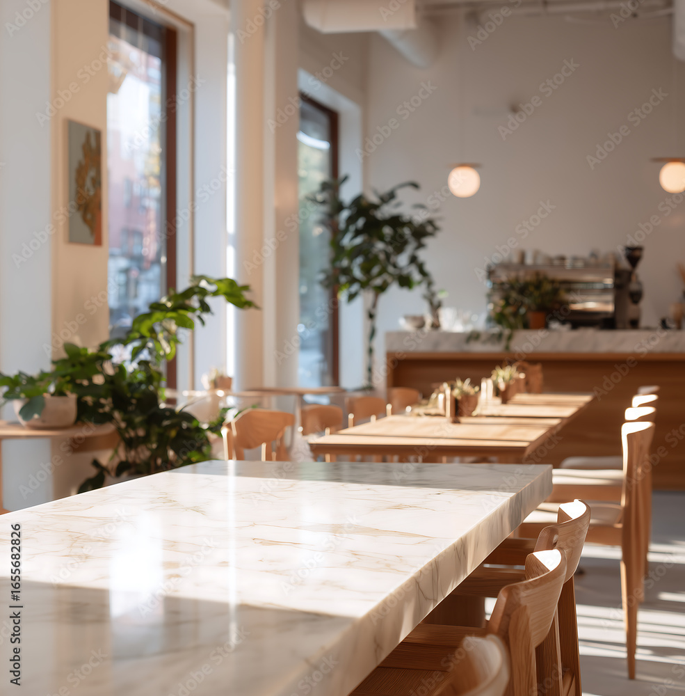 Bright and airy modern cafe interior with sunlight streaming through large windows