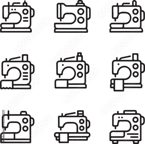 Collection of simple outline icons representing different types of sewing machines for crafting and textile design silhouette