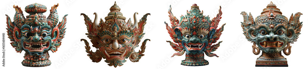 Obraz premium Collection of four intricate and detailed ancient sculptures of mythical figures, isolated on transparent background