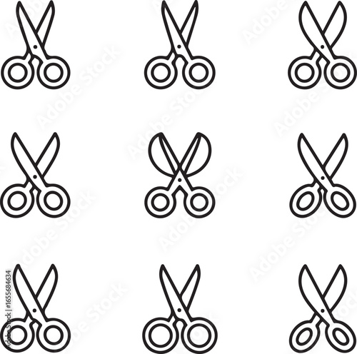 Nine hand-drawn style scissors icons arranged in a 3x3 grid representing cutting crafting and precision tools silhouette