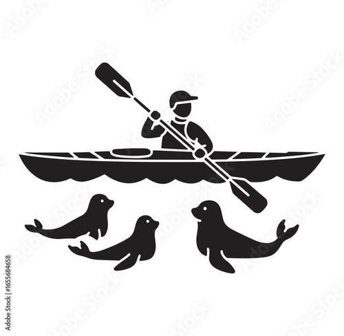 Black and white illustration of kayaker and seals paddling in the ocean water