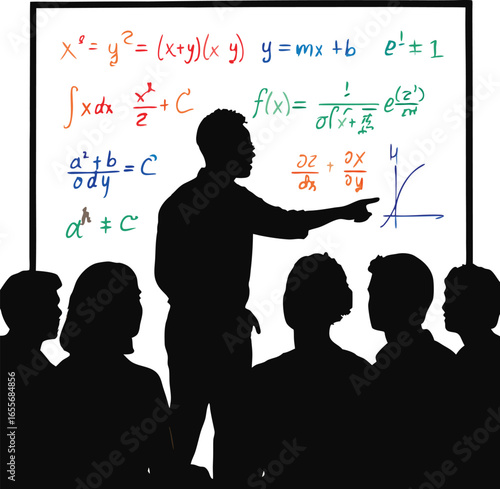 Silhouette of teacher explaining complex maths equations to students.