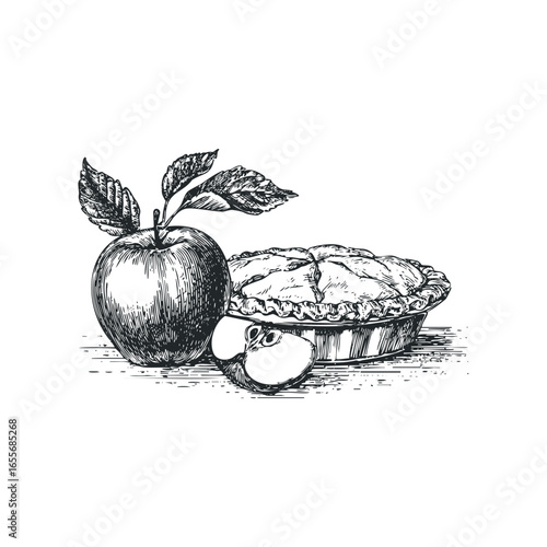 Detailed sketch of a whole apple, a sliced apple, and a baked pie