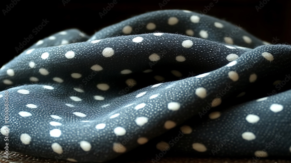 Fototapeta premium Close-up view of a dark gray fabric with white polka dots.