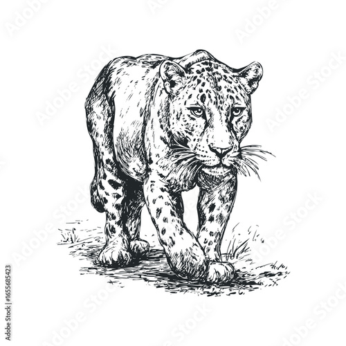 Detailed ink drawing of a leopard walking across textured ground