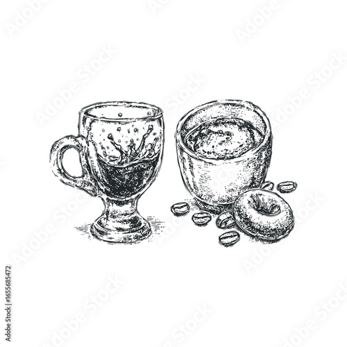 Two glasses of hot beverage with splash, coffee beans, and donut