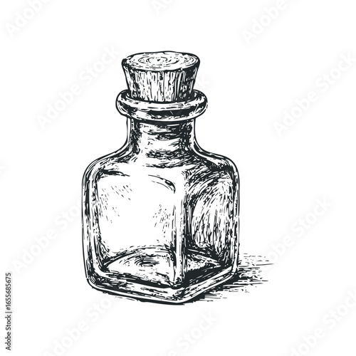 Glass vial with cork stopper drawn with sketchy texture