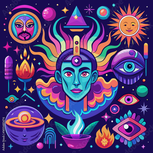 anxiety and schizophrenia — a fractured face melting into neon swirls, glowing eyes, and cosmic distortions that embody inner chaos and hallucinations.