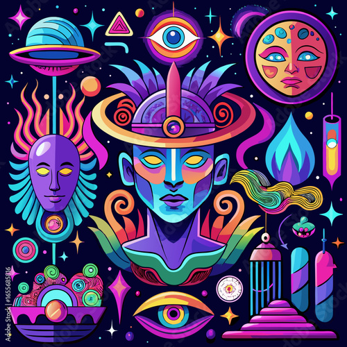 anxiety and schizophrenia — a fractured face melting into neon swirls, glowing eyes, and cosmic distortions that embody inner chaos and hallucinations.
