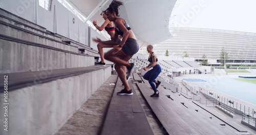 Quadro em tela Fitness, running and stairs with people in stadium together for competition, training or workout