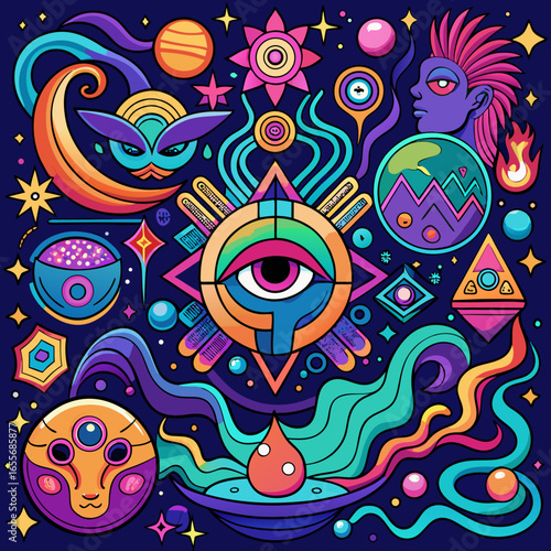 anxiety and schizophrenia — a fractured face melting into neon swirls, glowing eyes, and cosmic distortions that embody inner chaos and hallucinations.