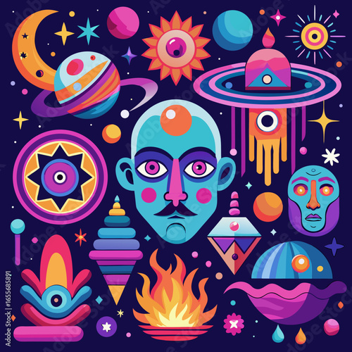 anxiety and schizophrenia — a fractured face melting into neon swirls, glowing eyes, and cosmic distortions that embody inner chaos and hallucinations.