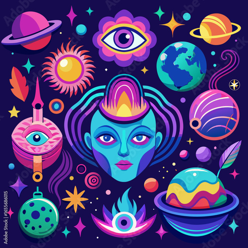 anxiety and schizophrenia — a fractured face melting into neon swirls, glowing eyes, and cosmic distortions that embody inner chaos and hallucinations.