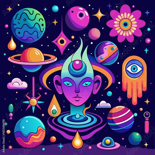 anxiety and schizophrenia — a fractured face melting into neon swirls, glowing eyes, and cosmic distortions that embody inner chaos and hallucinations.