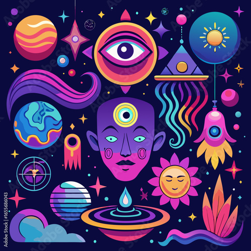 anxiety and schizophrenia — a fractured face melting into neon swirls, glowing eyes, and cosmic distortions that embody inner chaos and hallucinations.