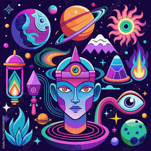 anxiety and schizophrenia — a fractured face melting into neon swirls, glowing eyes, and cosmic distortions that embody inner chaos and hallucinations.